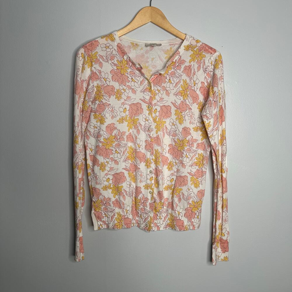LOFT Floral‎ Cardigan Women Small Pink Yellow EUC Cotton Knit Lightweight